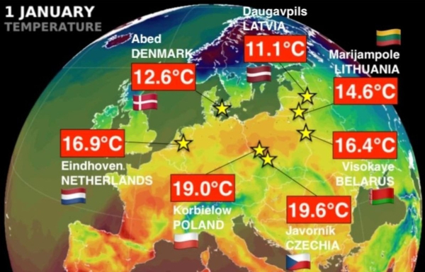 새해 첫 날 유럽 국가들이 기록한 기온(이미지 출처 : 스콧 던컨 인스타그램)